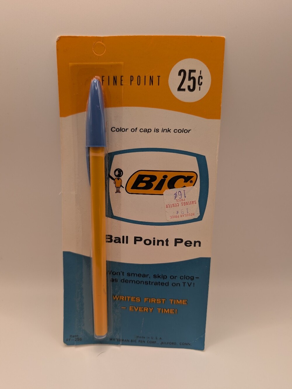 Vintage BIC Fine Point Ball Pen 25¢ F-25B Orange Barrel Blue Ink NOS